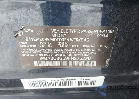 2015 BMW 320I xDrive z USA, uszkodzony, nr VIN WBA3C3G59FNS73230